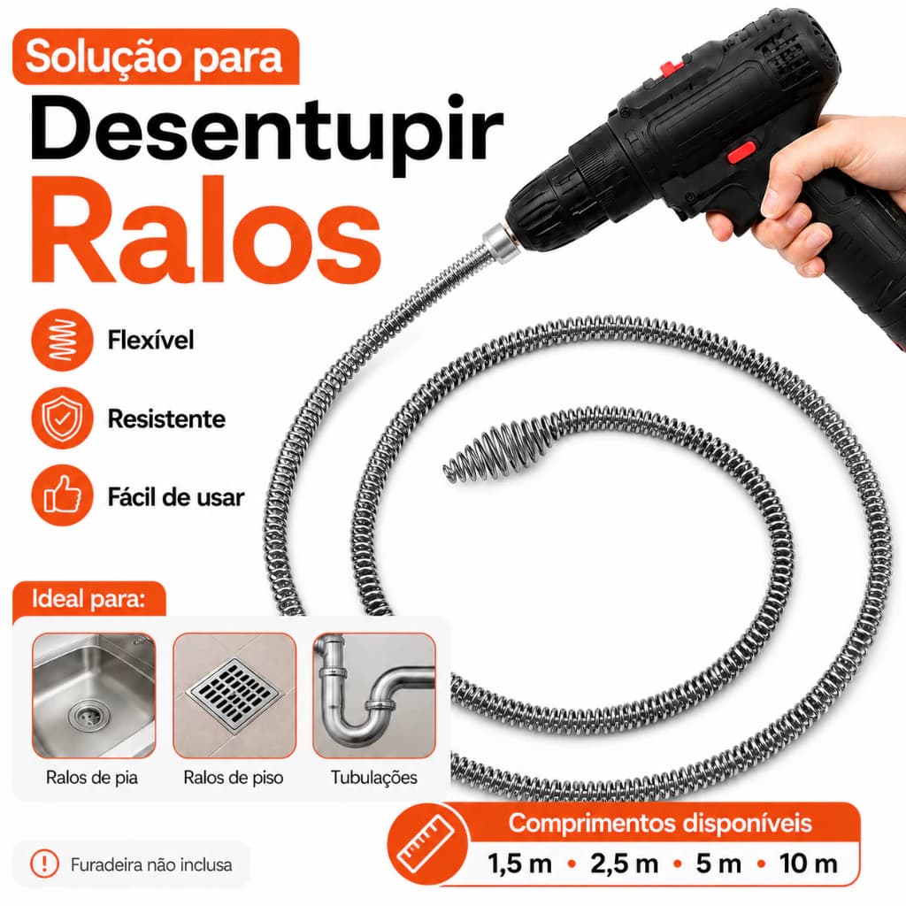 Limpador Ralo Pia Desentupidor Mola 1m Adaptador Furadeira Cano Esgoto