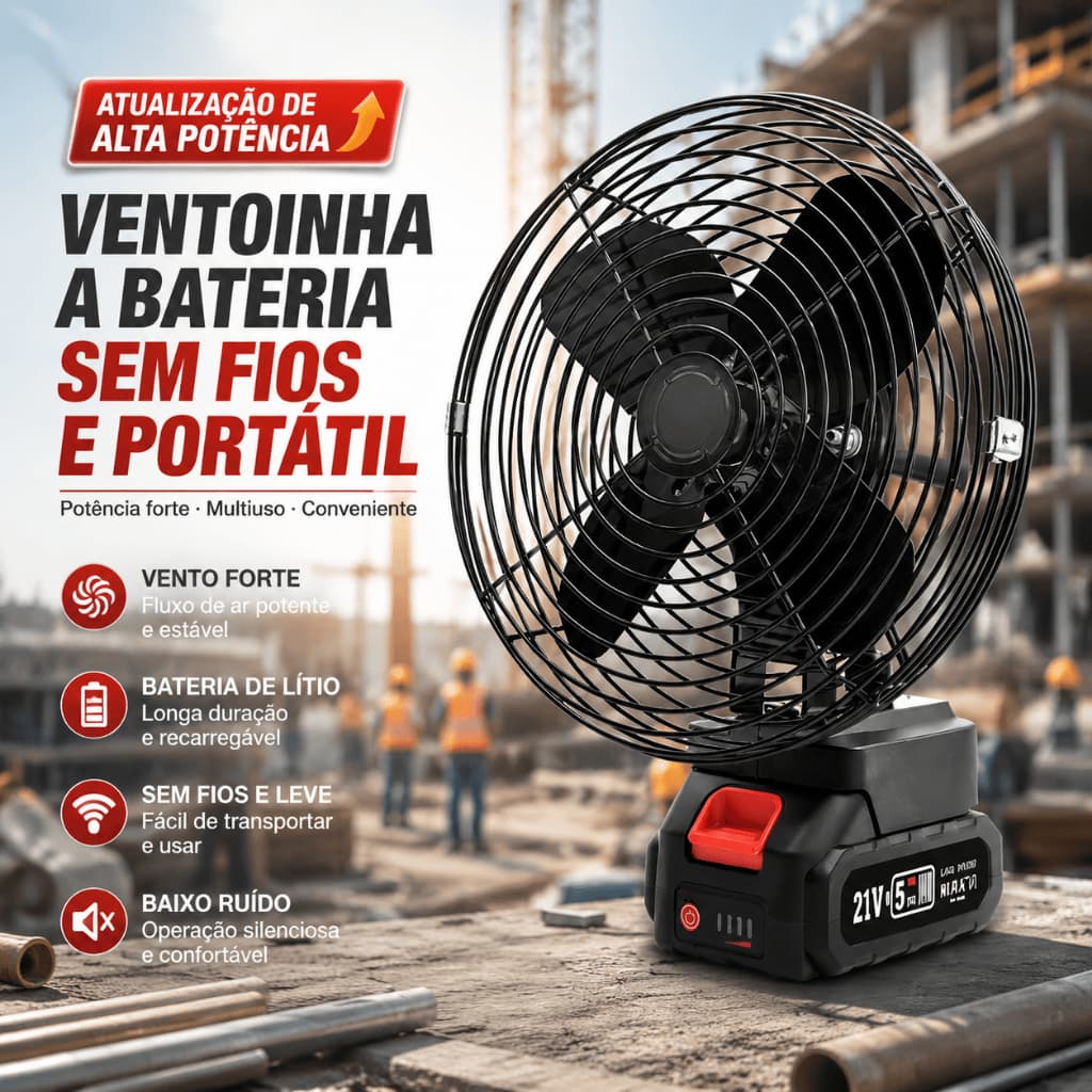 Ventilador portátil recarregável de alta potência sem fio 21V, adequado para canteiros de obras e oficinas