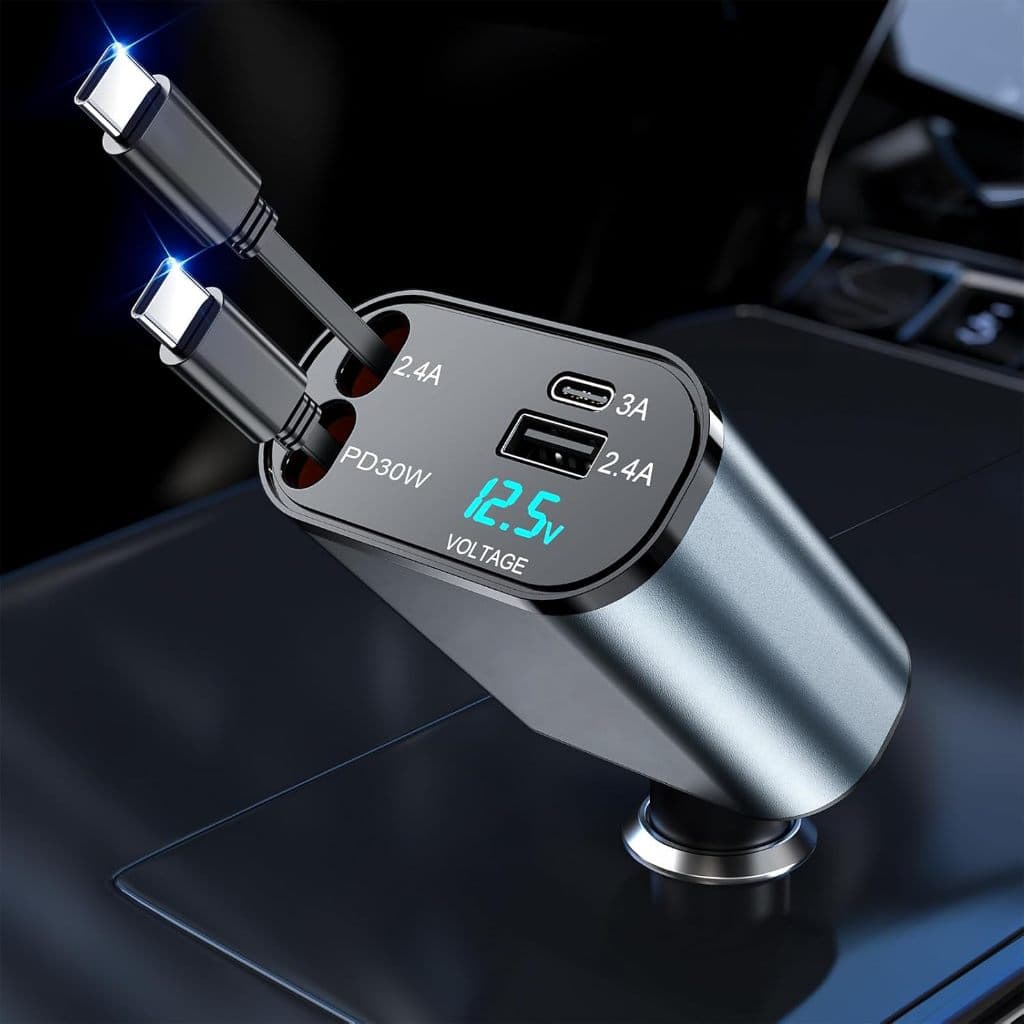 Adaptador De Carregador De Carro 4 Em 1 De 100 W Com Cabos Retráteis Duplos Tipo C 2.7 Pés 2 Portas USB , Para iPhone Pr