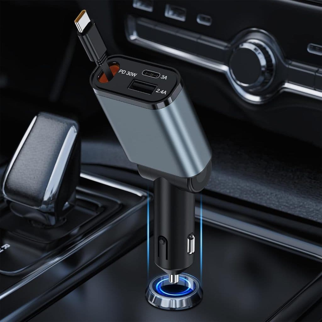 Adaptador De Carregador De Carro USB C , Rápido De 60W Com Cabo De Carga Rápida Retrátil PD 30W Isqueiro Para Telefone S