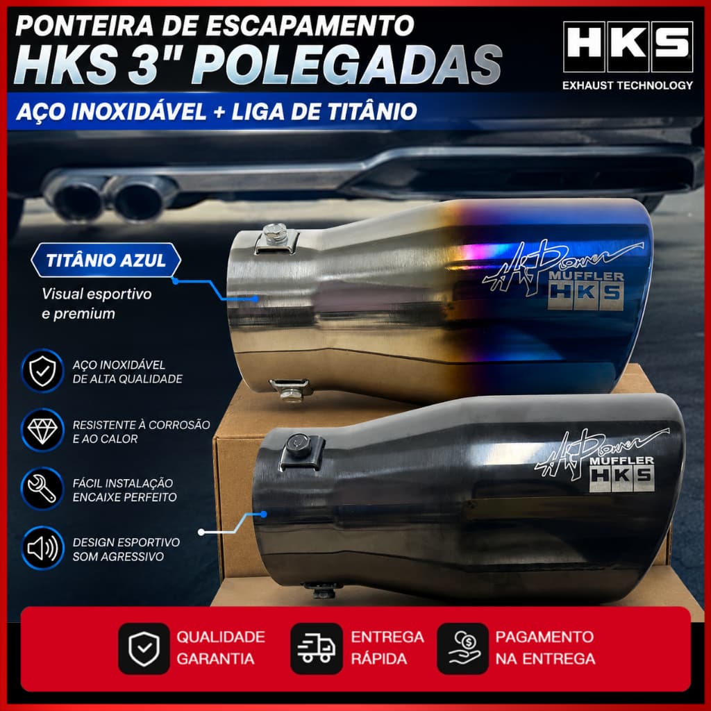 Ponteira Escape HKS 3 Polegadas Inox 2 Cores Azul Titânio e Preto Brilhante Tuning Universal