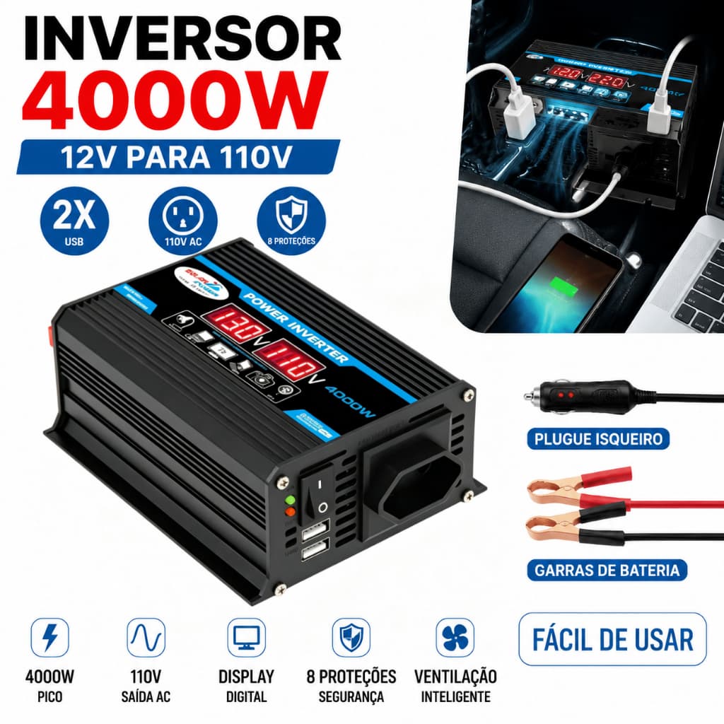 Inversor Com Display LED 12V A 110V 4000W Para Uso Em Veículos E Residências