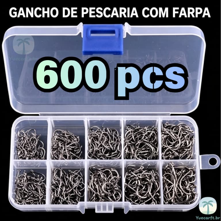 Kit of 600 Carbon Steel Fishing Hooks No. 3 to No. 12 with Organizer Box