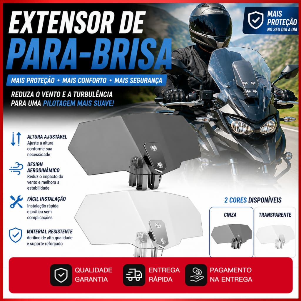 Defletor Ajustável Para Moto 2 Cores Transparente e Fumê Universal Para Parabrisas Original
