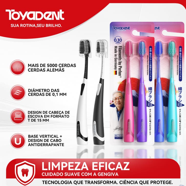 ToyaDent Escova de Dente com Cerdas Macias, Limpeza Profunda, 8 Cores e Capa Protetora