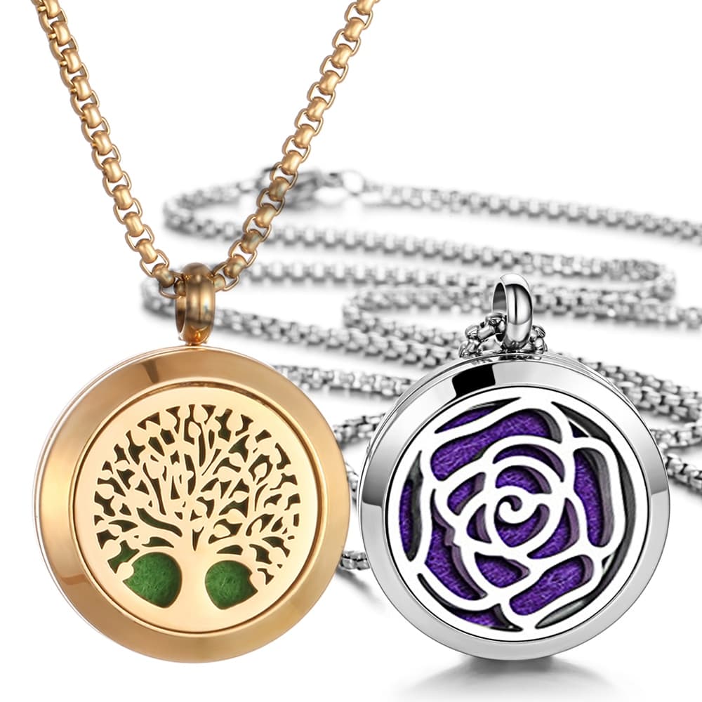 Colar De Aromaterapia Dourado Joias De Aço Inoxidável Cor Prata Flor Árvore Da Vida Difusor De Óleo Essencial Medalhão P