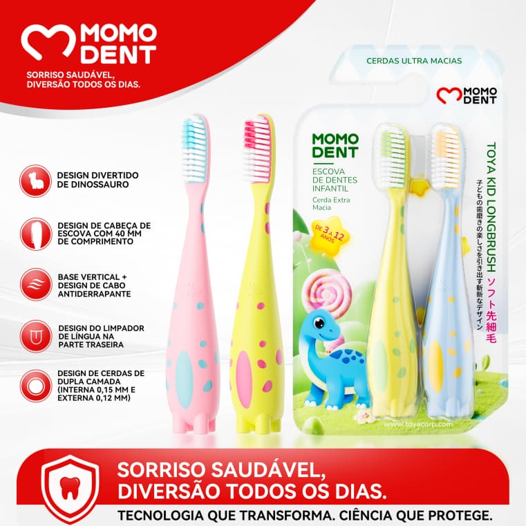 Momodent Escova de Dente Infantil com Cerdas Macias, Kit 2 Unidades, Limpador de Língua, 3 a 12 anos