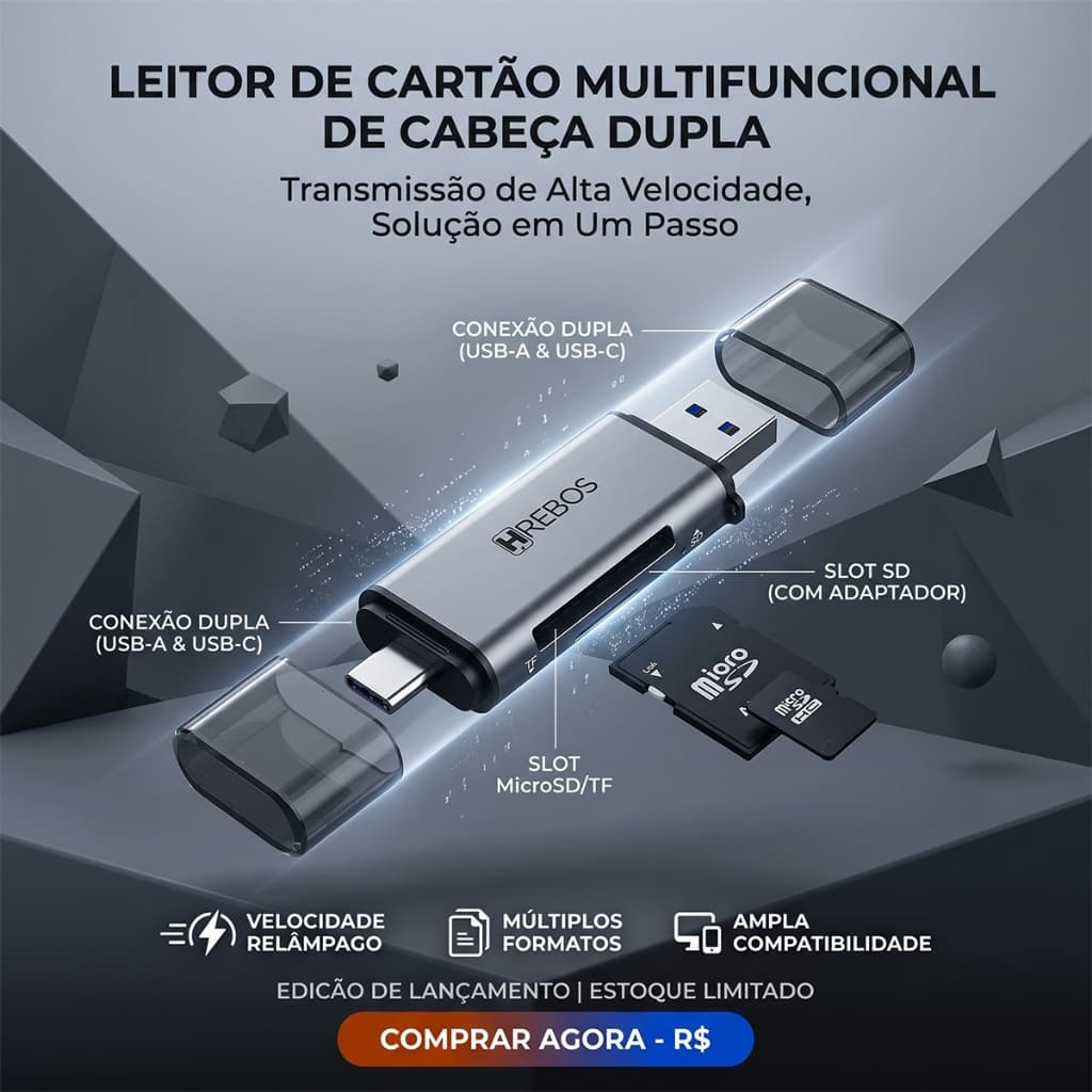 HREBOS x HEYOO Leitor de cartões USB 3.0 + Type-C Dual Porta Multiuso para SD/TF em Celulares e Computadores