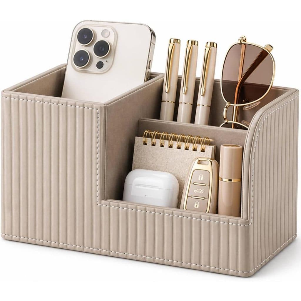Organizador De Caneta De Mesa , Material De Escritório , Caddy , Couro Pu , Caixa De Armazenamento Multifuncional ,/Lápi