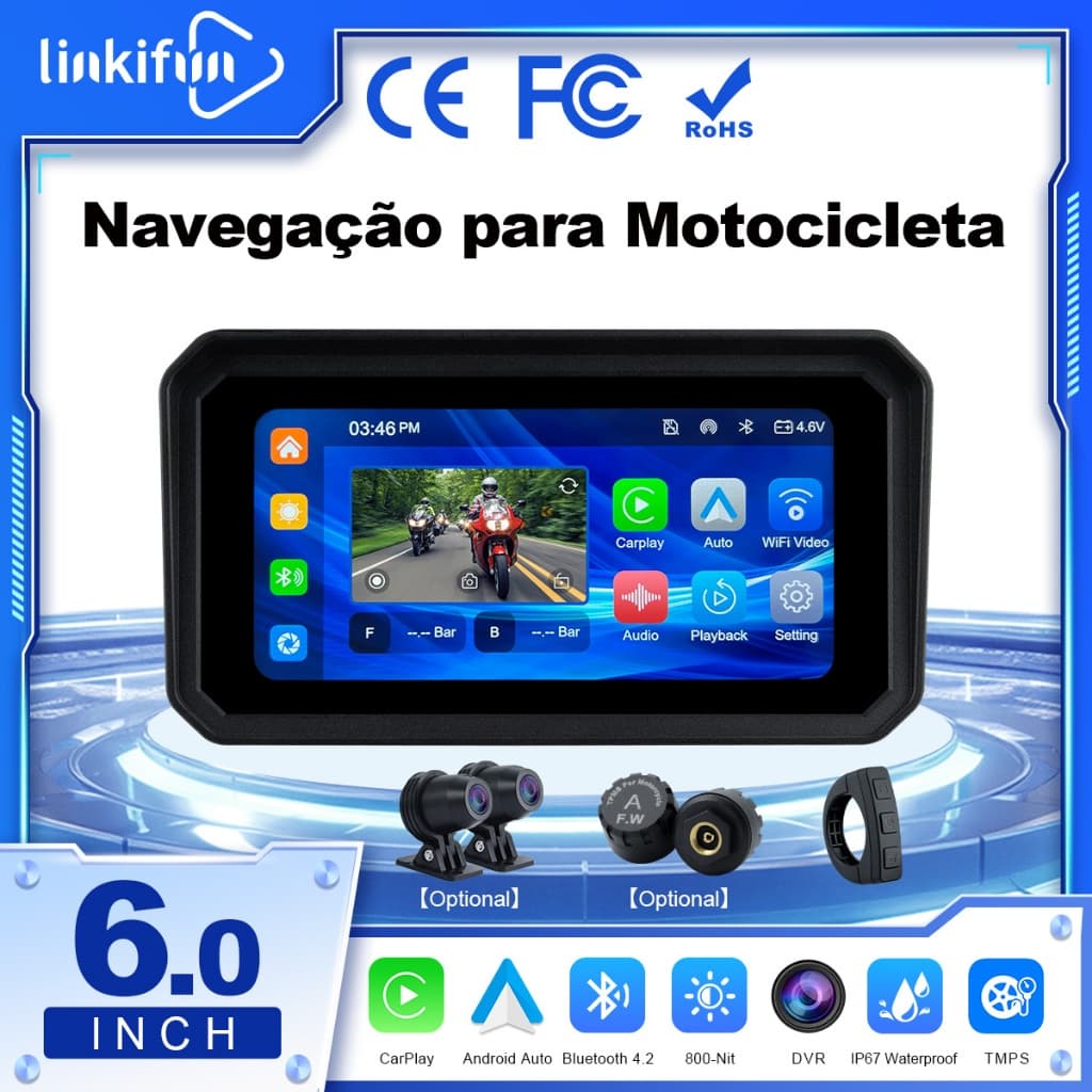 Linkifun MT9A Tela 6" para Moto, CarPlay/Android Auto Sem Fio, DVR Duplo 1080P, TPMS, IP67 e Suporte Opcional