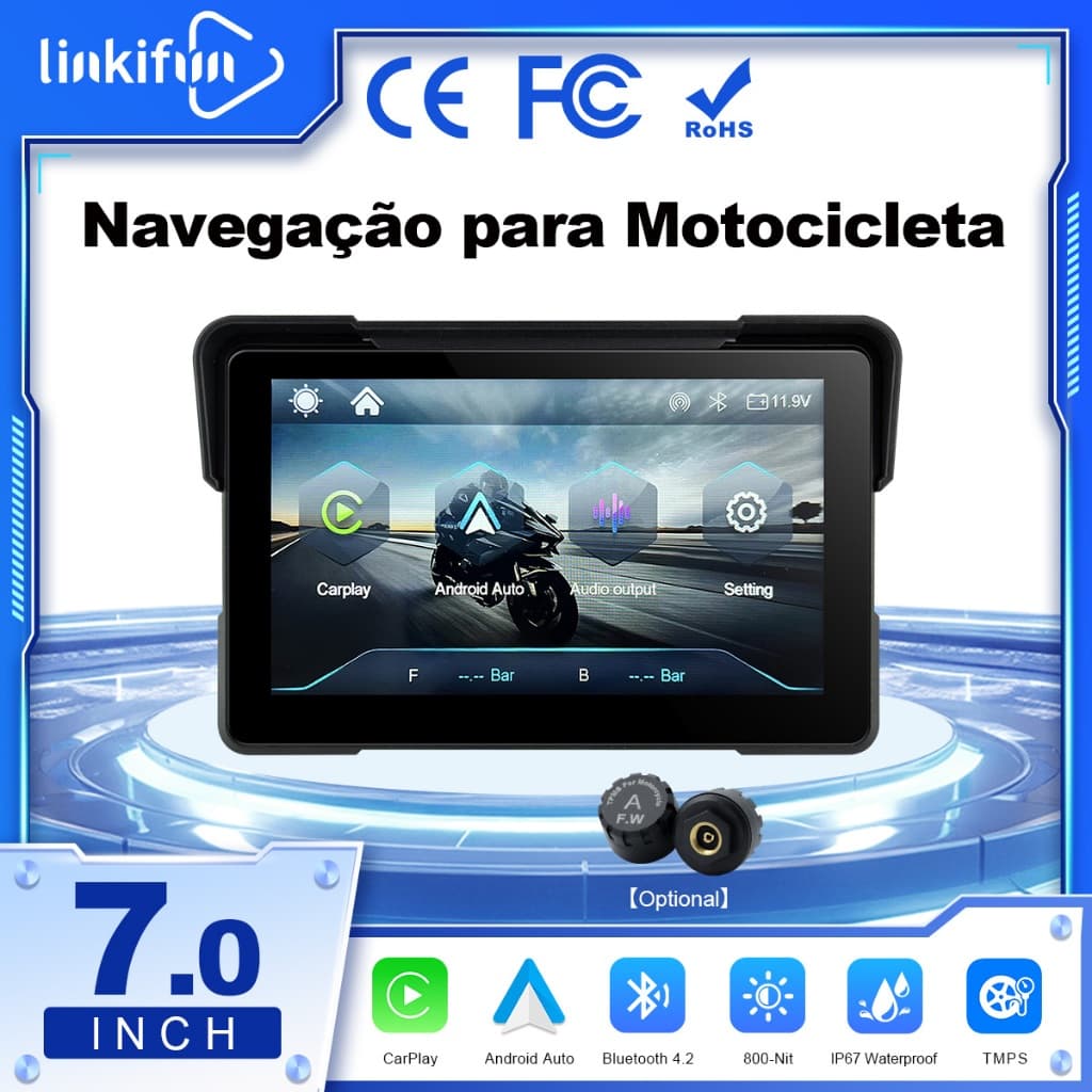Linkifun MT7A Tela 7" para Moto, CarPlay/Android Auto Sem Fio, Vertical/Horizontal, TPMS e Suporte Opcionais