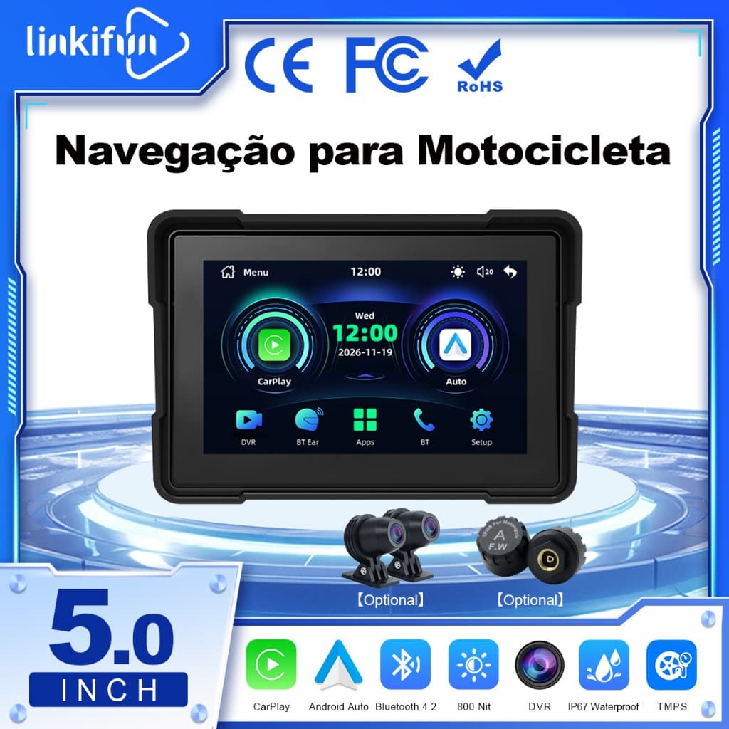 Linkifun MT16C Tela 5" para Moto, CarPlay/Android Auto Sem Fio, Espelhamento, DVR e TPMS Opcionais