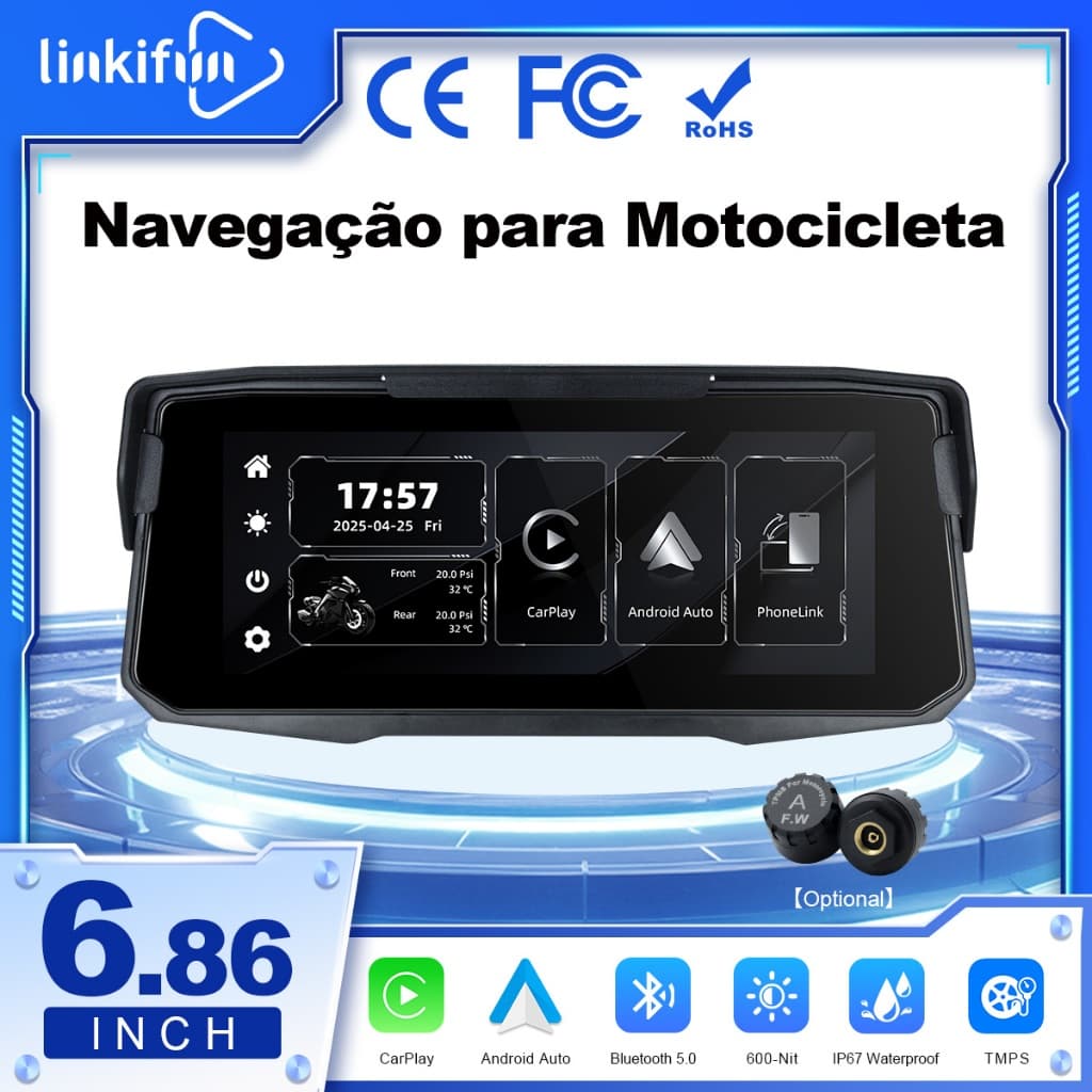 Linkifun MT12 Tela 6,86" para Moto, CarPlay/Android Auto Sem Fio, Espelhamento, Bluetooth 5.0, IP67 e TPMS Opcional