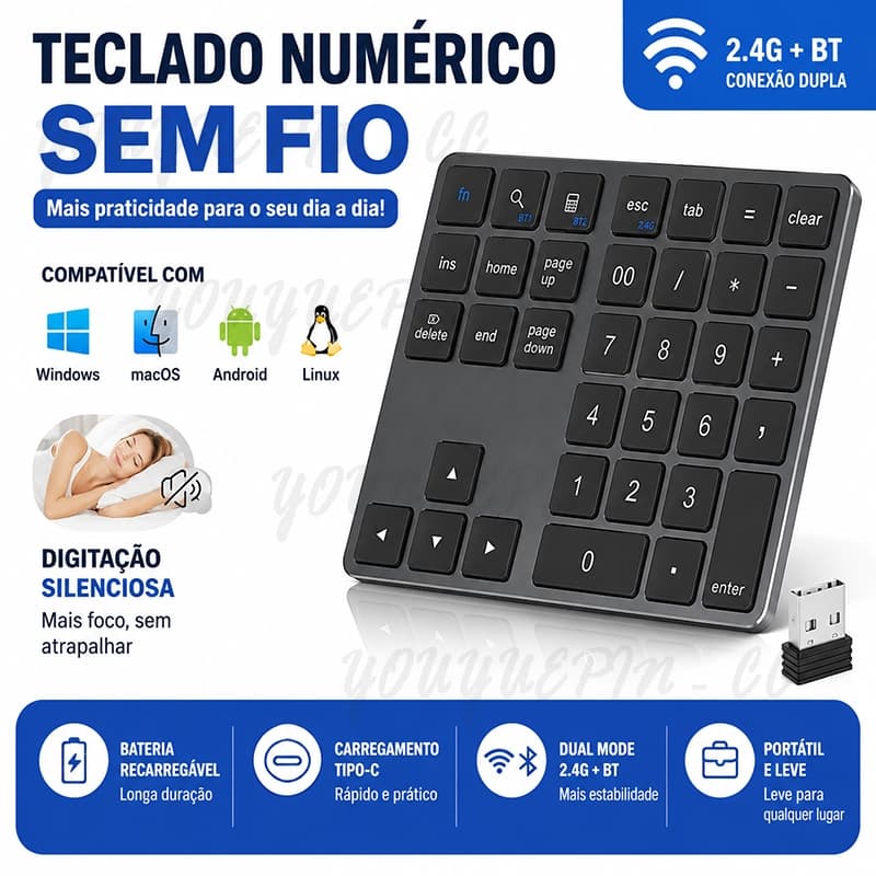 35 Teclas Teclado Duplo Bluetooth Sem Fio Número Pad 2 4G Recarregável Fino Para PC iOS Android Teclados Digitais