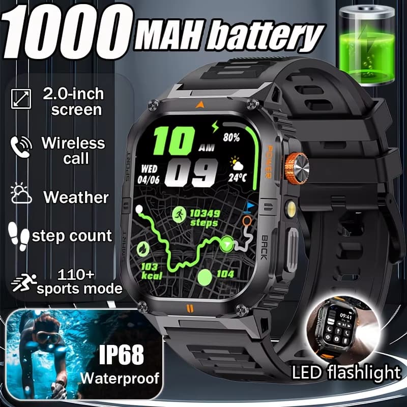 2026 1000mAh Militar Ao Ar Livre smartwatch 2.01 Polegadas Lanterna LED IP68 À Prova D'água Frequência Cardíaca Sono Blu