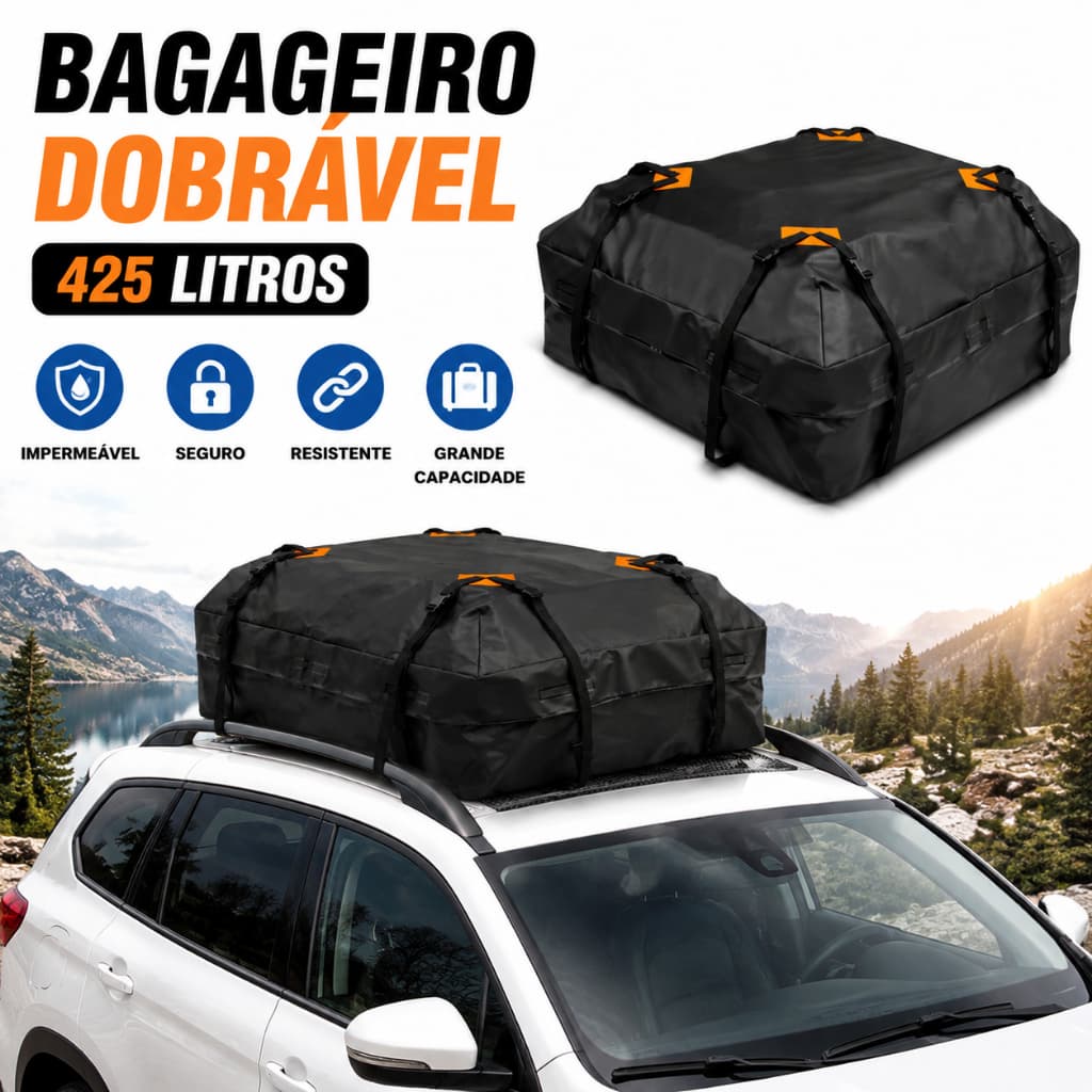 Bagageiro Dobrável Maleiro Teto Carro 420 L + Cintas de Amarrar Carga Universal+Tapete antiderrapante
