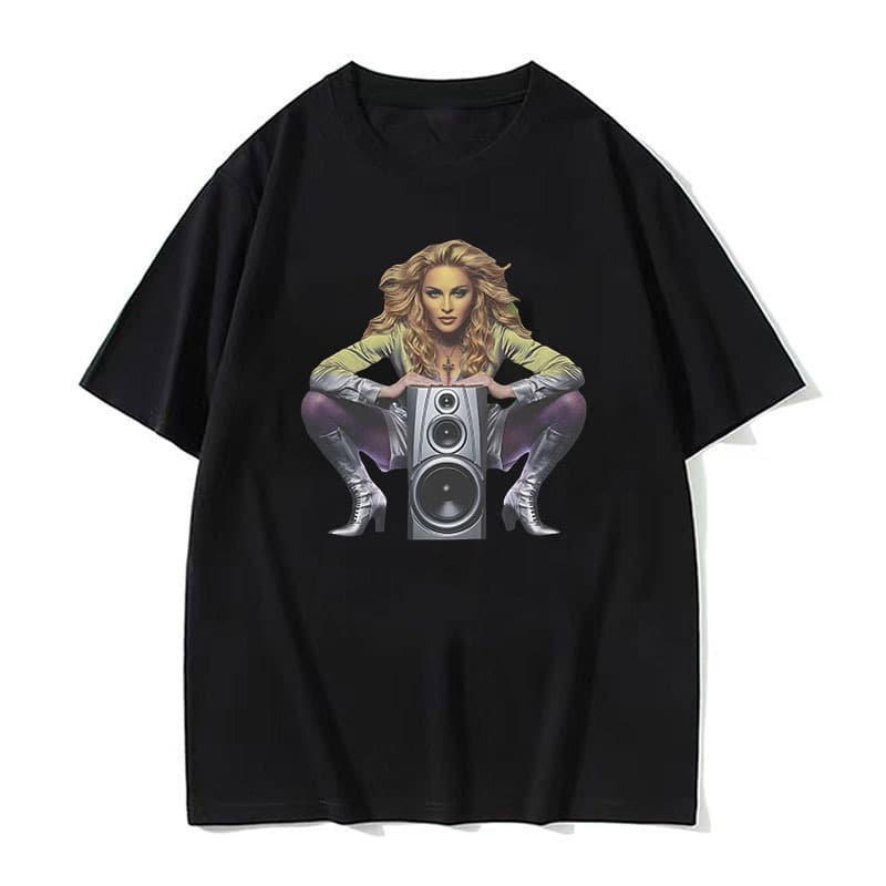 Camiseta Preta Com Estampa De Alto-Falante Madonna Vintage Retrô Pop Music