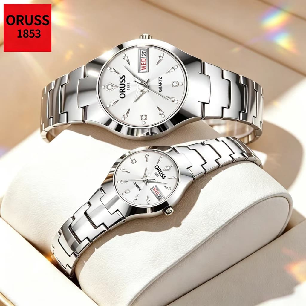 ORUSS Casal Original Marca de Luxo Aço Inoxidável Calendário Duplo Luminoso Relógio À Prova D 'Água Moda Versão Coreana