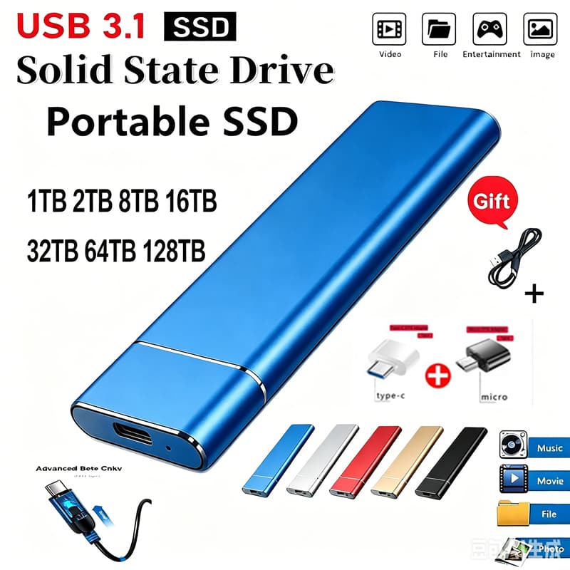 Unidade De Estado Sólido Móvel Portátil De Alta Velocidade 1tb 2tb 8tb 16tb 30tb 60tb 128tb SSD Discos Rígidos Móveis Ar