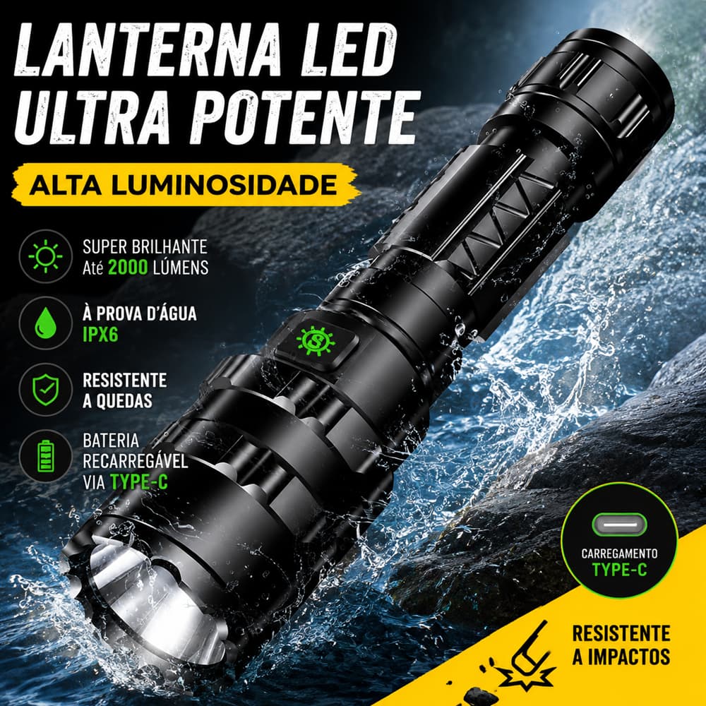 Lanterna LED Profissional Super Brilhante Recarregável USB C IPX6 Outdoor，À Prova d'Água, Lanterna de Caça e Camping