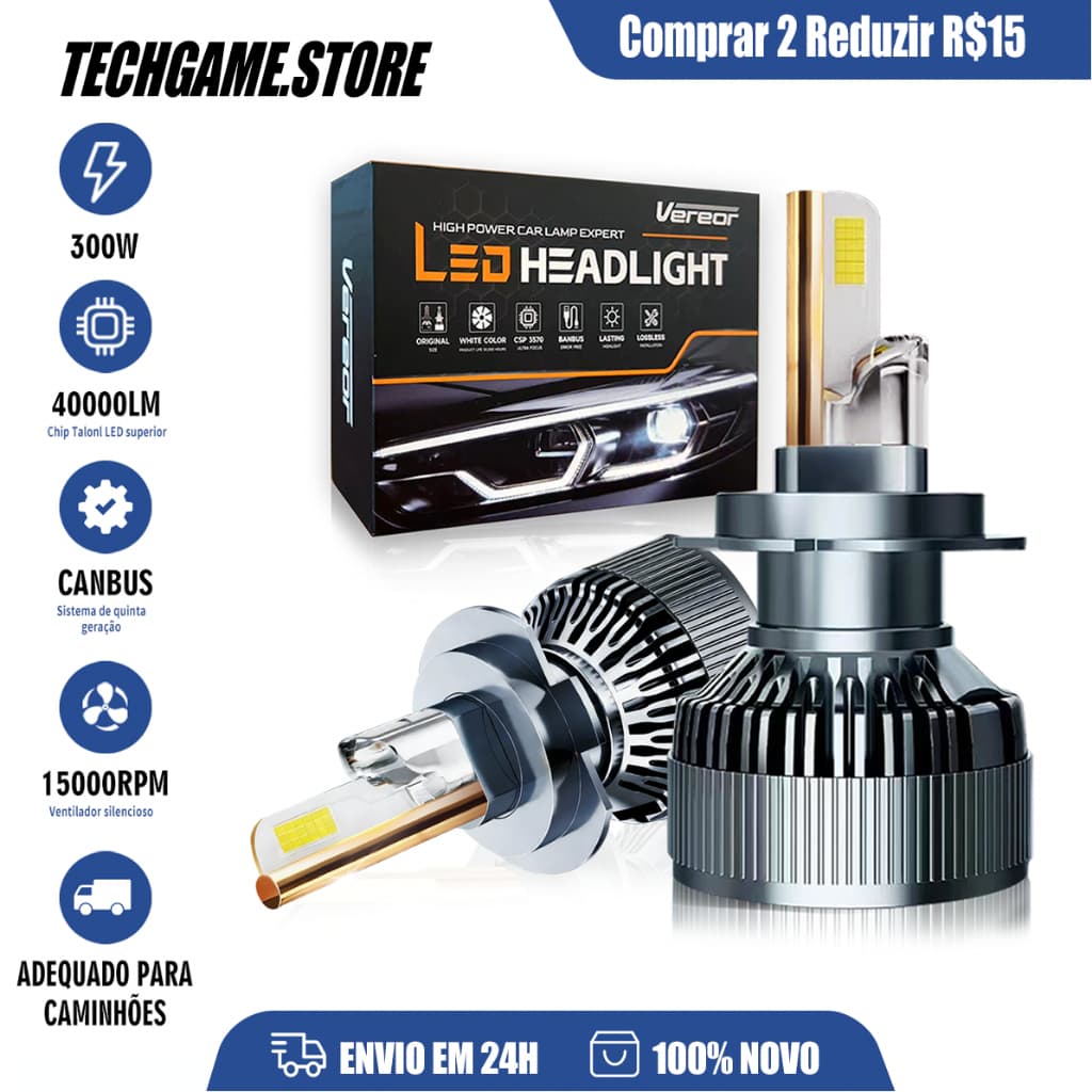Par Lâmpada LED M70 300W 40000LM 6000K 12V/24V para Carro e Caminhonete Compatível H1/H3/H4/H7/H11/9005/9006