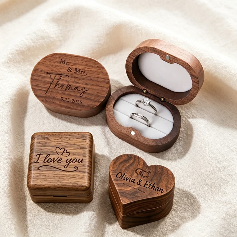 Caixa De Anel De Madeira Gravada Personalizada Gratuita , Proposta De Casamento , Noivado , Casal , Presente , Portátil