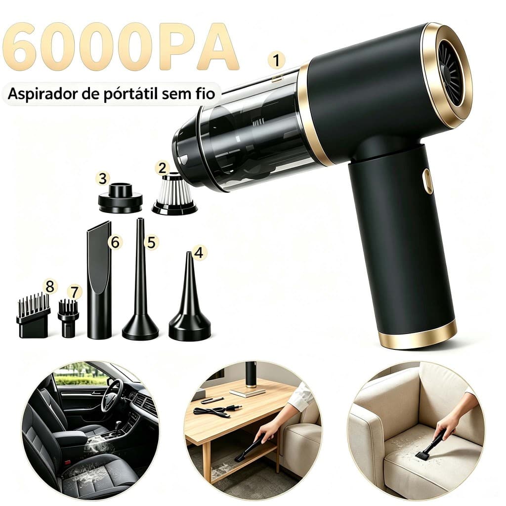 Mini Aspirador De Pó Portátil Usb Sem Fio Recarregável Potente Carro E Casa 6000PA Multifuncional 8 em 1