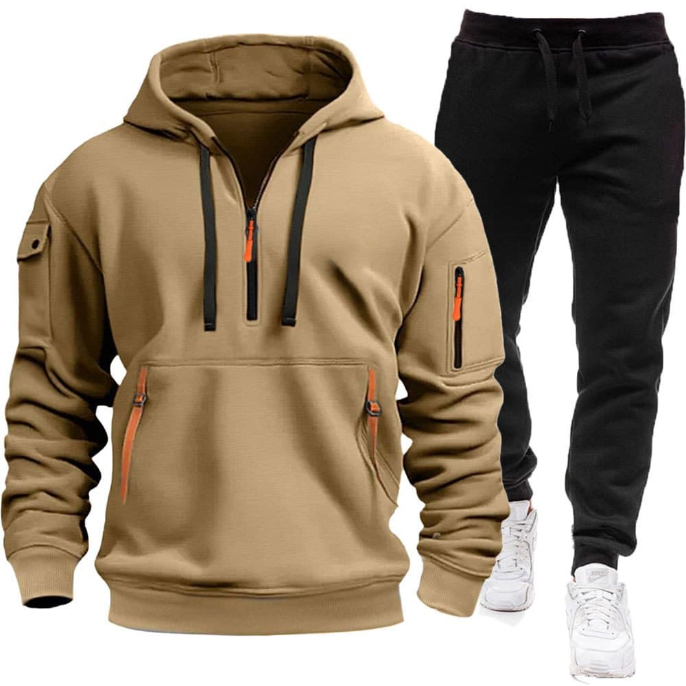 Masculino outono inverno novo estilo forro de lã Multi-bolso zíper moletom terno único Casual Hoodie dois