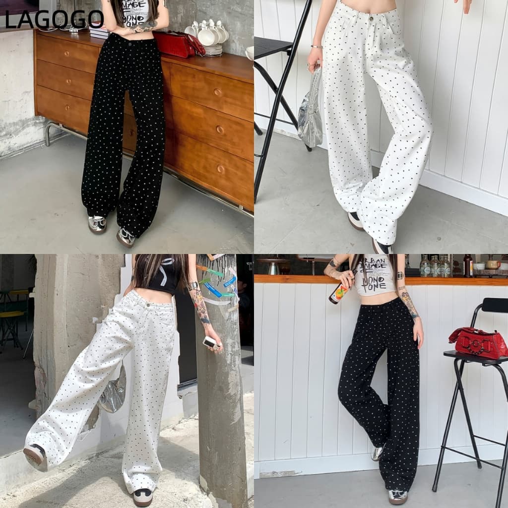 Americano Retro preto branco bolinhas Jeans feminino outono cintura alta em linha reta mais magro olhar solto perna larg