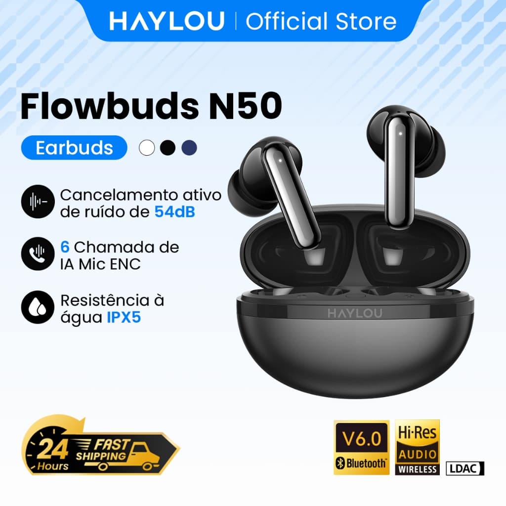 HAYLOU Flowbuds N50 Fone Bluetooth Sem Fio | ANC 54dB + 6 Microfones HD Call | IPX5 Fone De Ouvido