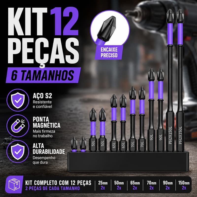Bits Magnético Ponteira Philips Parafusadeira Ph2 Jogo 6/12 Pcs Imantado Antiderrapante Com Imã Sextavado