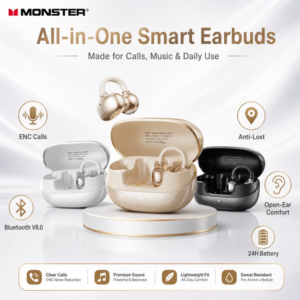 Fone de ouvido bluetooth sem fio Monster MQT71 som estéreo HiFi, chamada nítida ENC, leve, confortável e com função anti