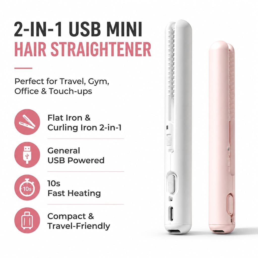 Mini Alisador E Modelador De Cabelo USB 2 Em 1 , Chapinha Portátil Para Viagem Com Calor Rápido De 10s Corpo Leve De 127