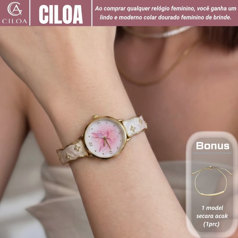 [Relogio feminino] CILOA Relógio Quartzo Feminino Borboleta Rosé Dourado Delicado Cristais Original Frete Grátis 2628
