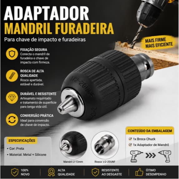 Adaptador de Chave de Impacto 1/2 para Furadeira com Mandril Metálico