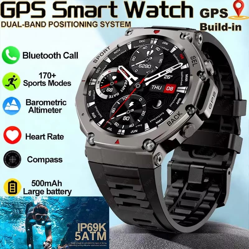 Mais Novo GPS Relógio Inteligente 5ATM À Prova Dwaterproof Água Embutido Banda Dupla GNSS Bússola Esporte Militar Smartw