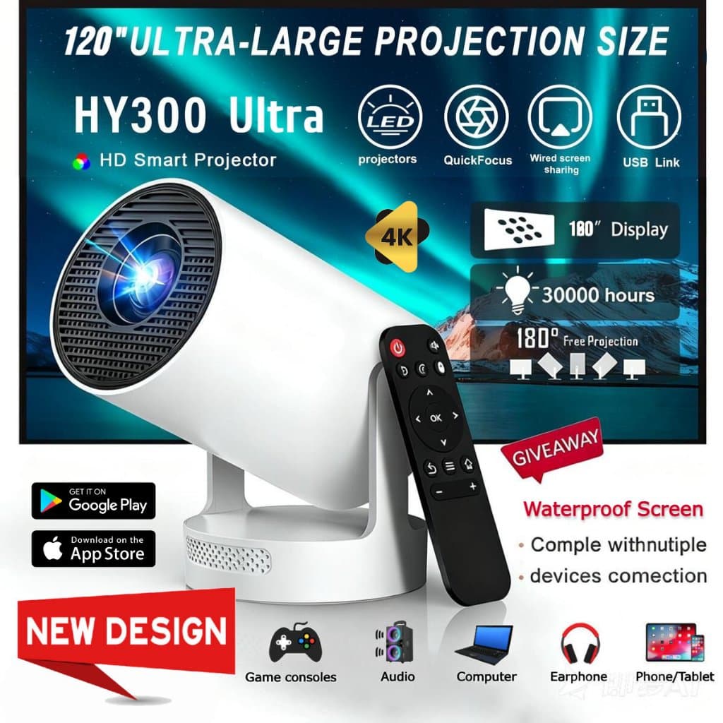 HY300 Ultra Projetor HD 4K Home Portátil Mini Alto-Falante Android 5W