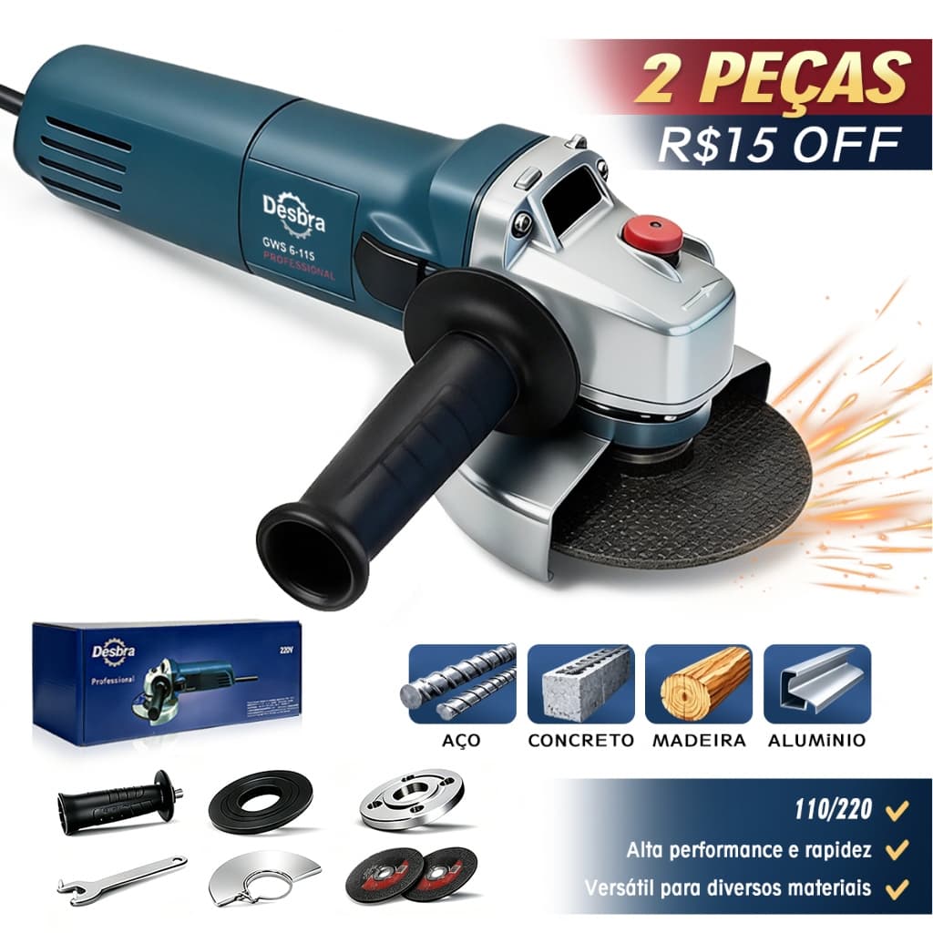 Esmerilhadeira Angular Multifunção Bivolt 110V/220V 11000RPM Kit Completo Profissional Ideal para Corte Polimento Lixage