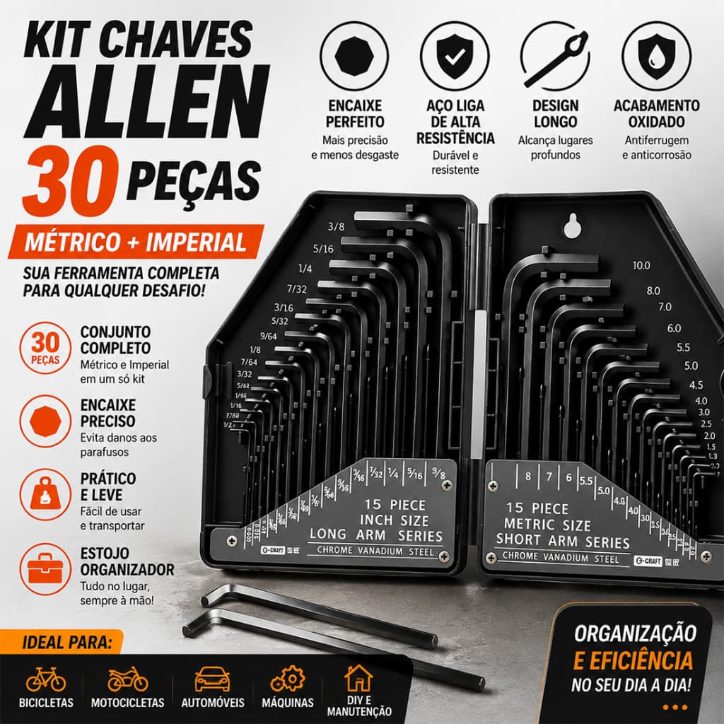 Jogo De Chaves Allen 30/35 Peças Métrica E Polegada Aço Liga