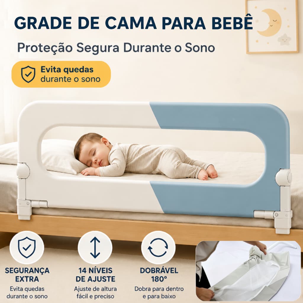 Grade de Cama Infantil com Tela de Segurança Dobrável e Altura Ajustável 120cm anti Queda Sem Fenda