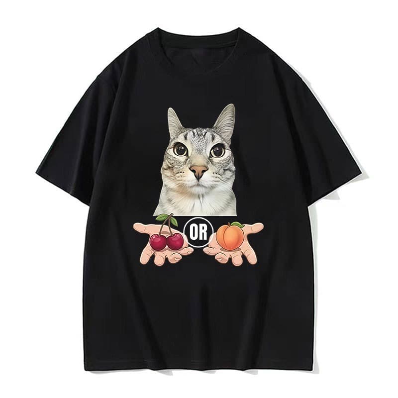 Camiseta Engraçada Com Estampa De Gato Cereja Ou Pêssego Unissex Manga Curta Estampada De Algodão