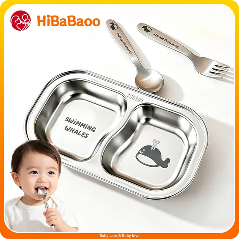 HiBaBaoo Prato De Jantar Infantil Portátil Em Aço Inoxidável 304 Talheres Infantis Garfo E Colher De Desenho Animado Eng