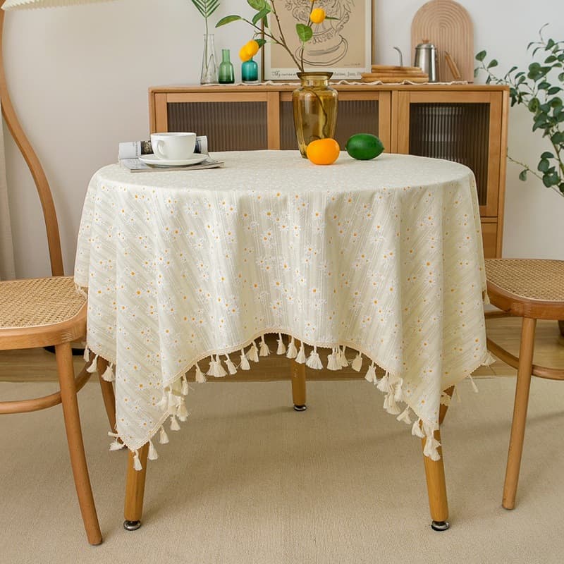 140cm diameter floral-border tassel tablecloth—dust-resistant, durable, and easy to clean; rustic decor style