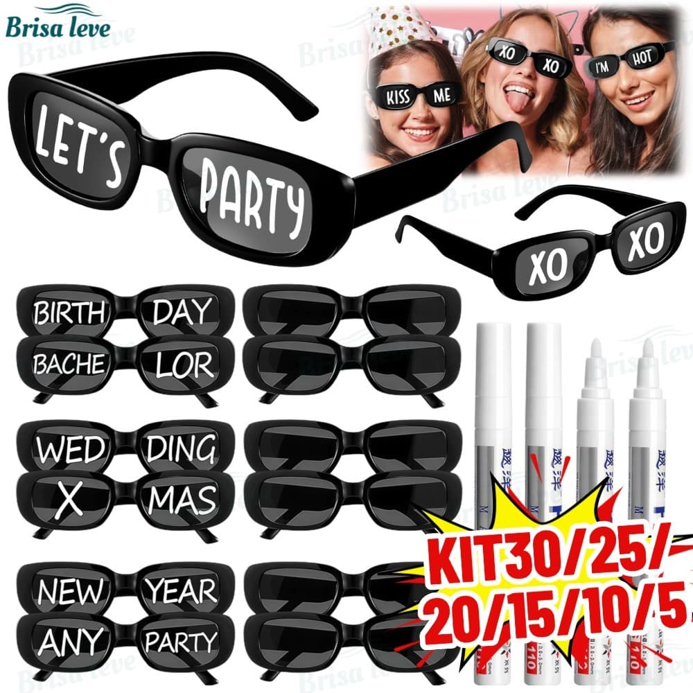 Kit 30/20/10/5 Oculos Vintage Retro Preto Liso + Caneta Giz Festa Casamento Festa Balada Formatura Casamento Aniversário