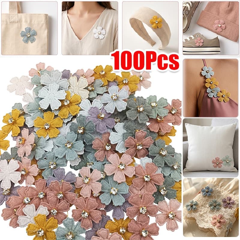 100 Peças Mini Apliques De Flores De Tecido Waffle Com Centro De Strass Remendos De Costura Multicoloridos Faça Você Mes