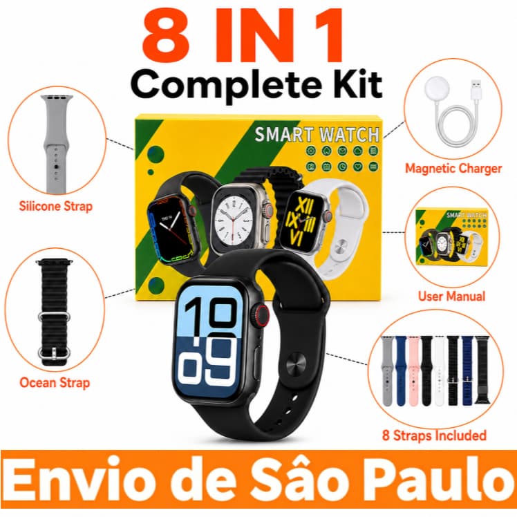 Envio de São Paulo! Relógio Inteligente com Chamada Bluetooth, Conjunto 8 em 1, Modo Esportivo ao Ar Livre Smartwatch