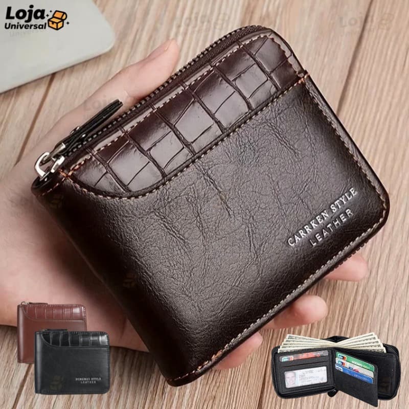 Carteira Curta Masculina Com Padrão De Pedra-Bolso Para Moedas Zíper Vários Cartões E Bordas Costuradas ​--LU
