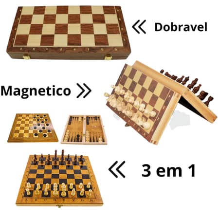 Jogo Tabuleiro 3 em 1 com Xadrez, Dama e Gamão – Educativo em Madeira Dobrável, Presente Perfeito para Crianças e Adulto