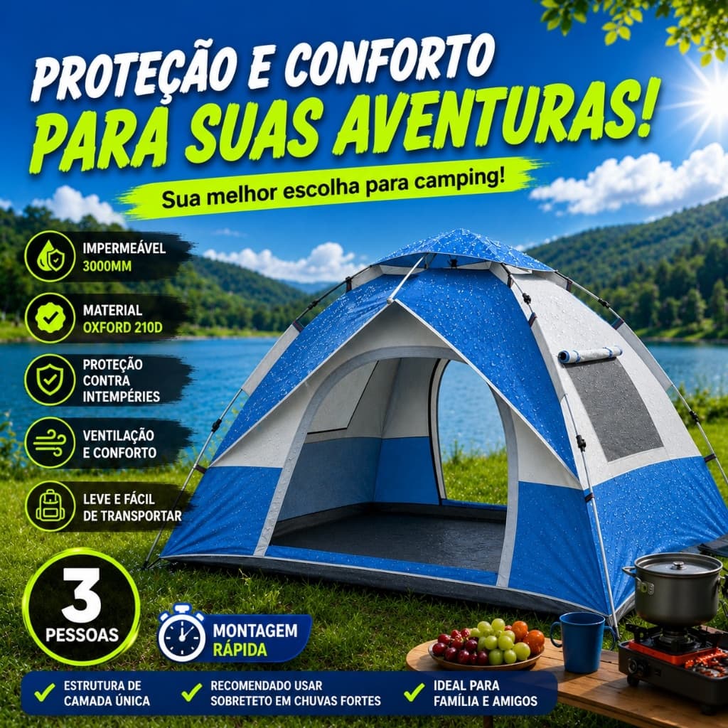 Barraca Camping Automatica 4 Pessoas Impermeável 3000mm Barraca Acampamento Pop Up 210*200*135cm