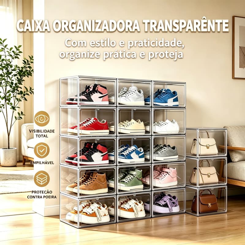 Caixa Organizadora Transparente PET Empilhável, Abertura Lateral Resistente para Sapatos, Acessórios e Miniaturas